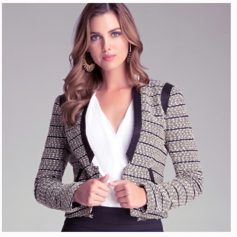 NWOT Bebe Metallic Gold Black Cropped Tweed Jacket